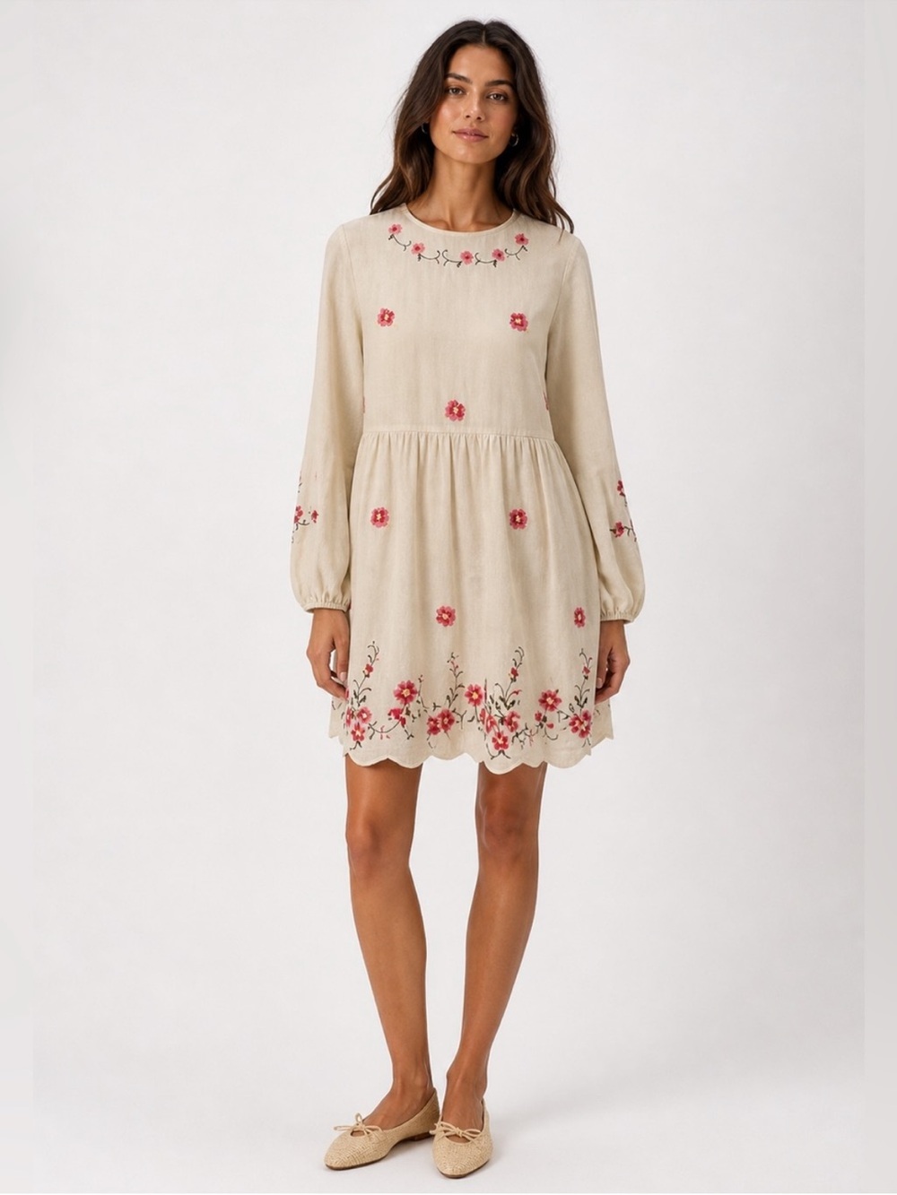 Caroline Constas M Linen Blend Embroidered Long Sleeve Short Babydoll Flowy Boho